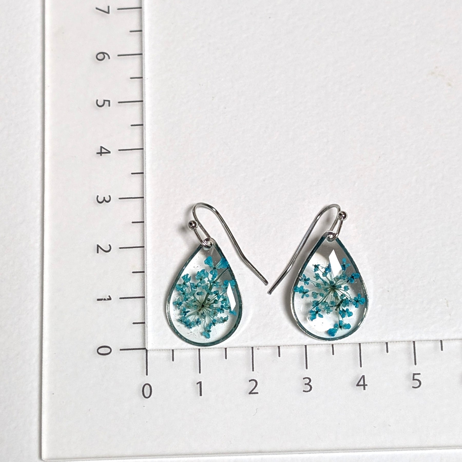 Teardrop silver earrings with teal Queen Anne's Lace