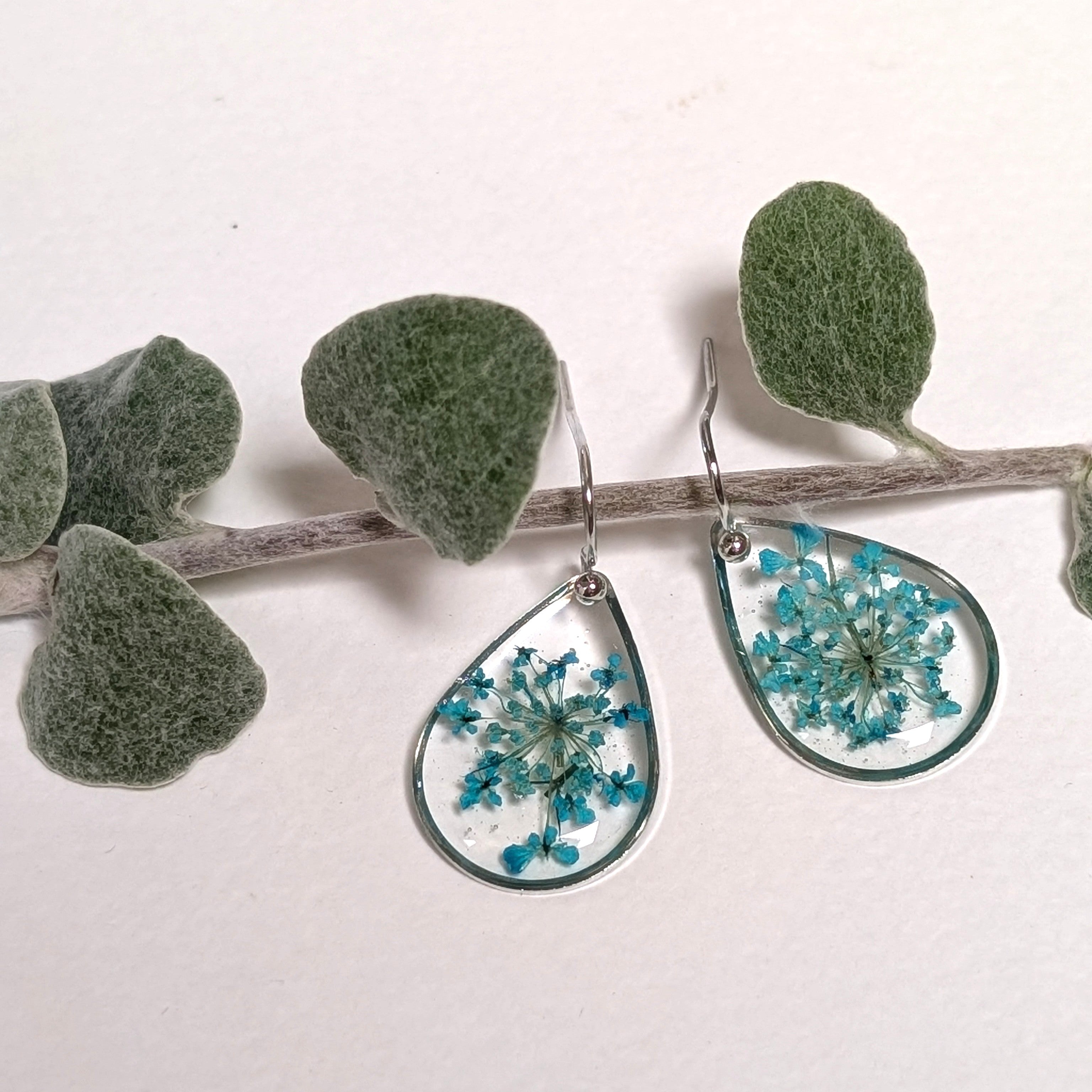 Teardrop silver earrings with teal Queen Anne's Lace