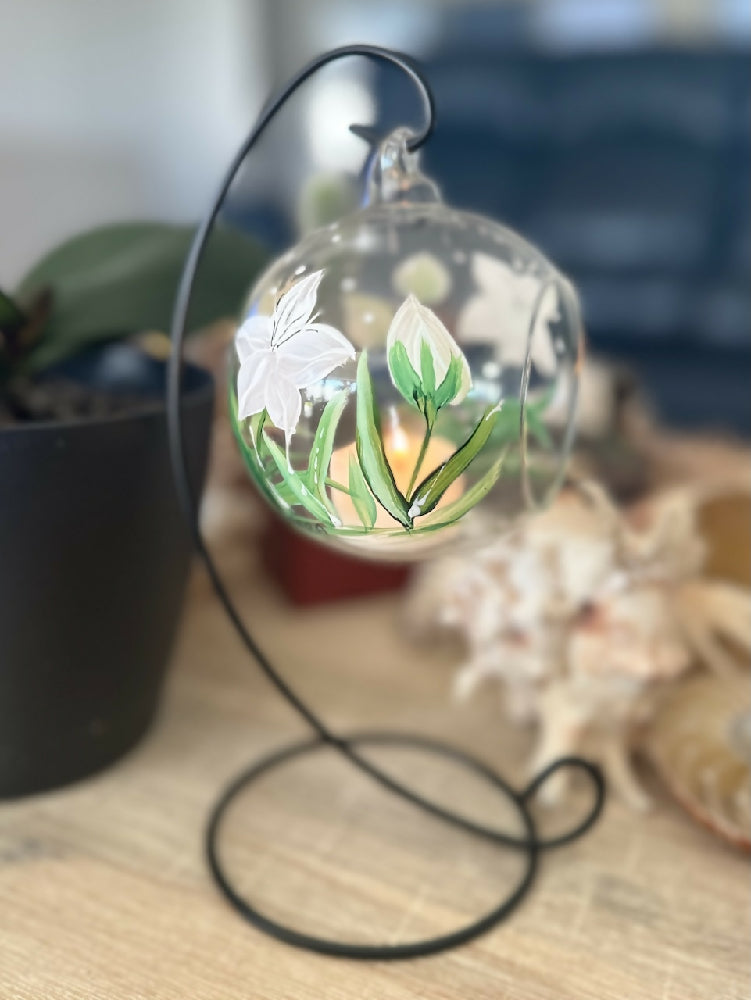 Glass Hanging Candle Holder Painted With Lilies