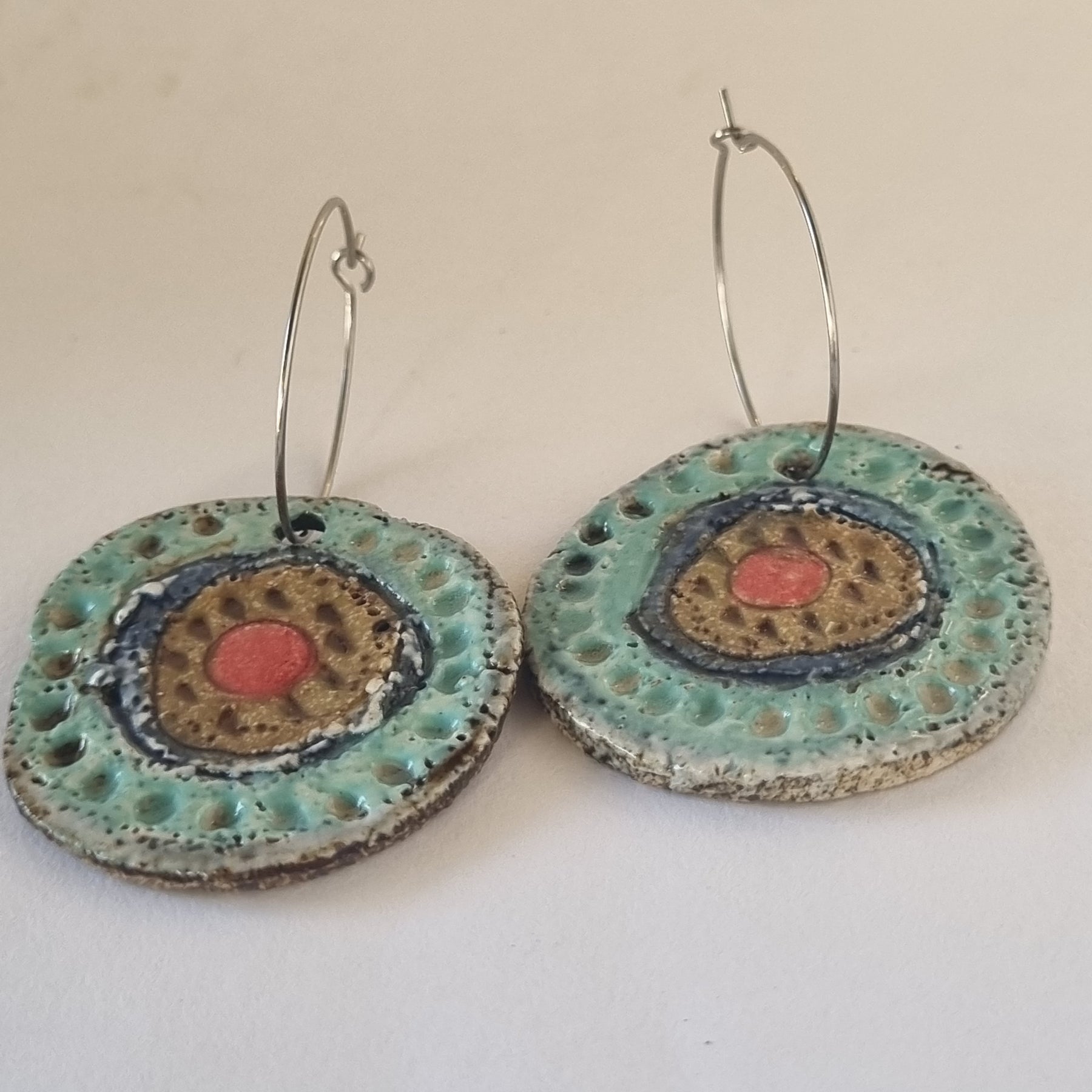 Handmade Stoneware Ceramic Earrings, turquoise-blue-mustard-coral multi-coloured, 35mm diameter, pierced ears