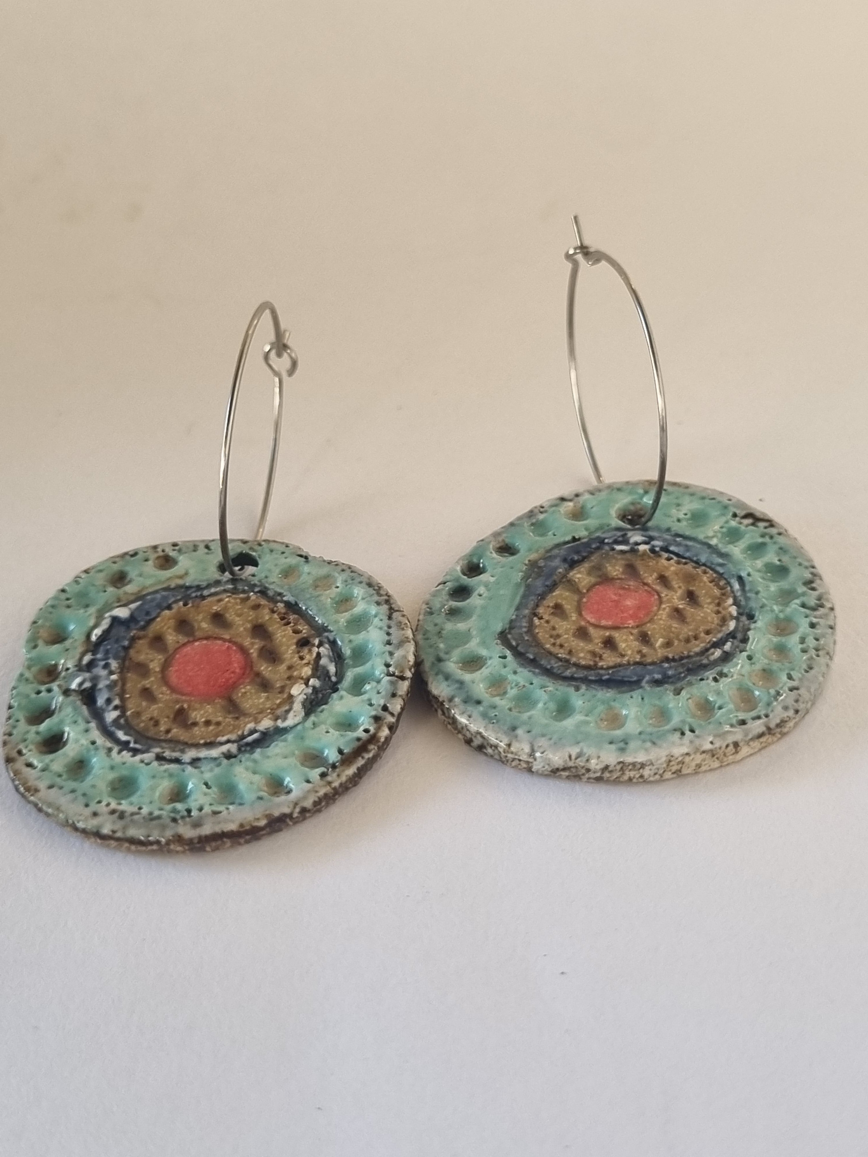 Handmade Stoneware Ceramic Earrings, turquoise-blue-mustard-coral multi-coloured, 35mm diameter, pierced ears