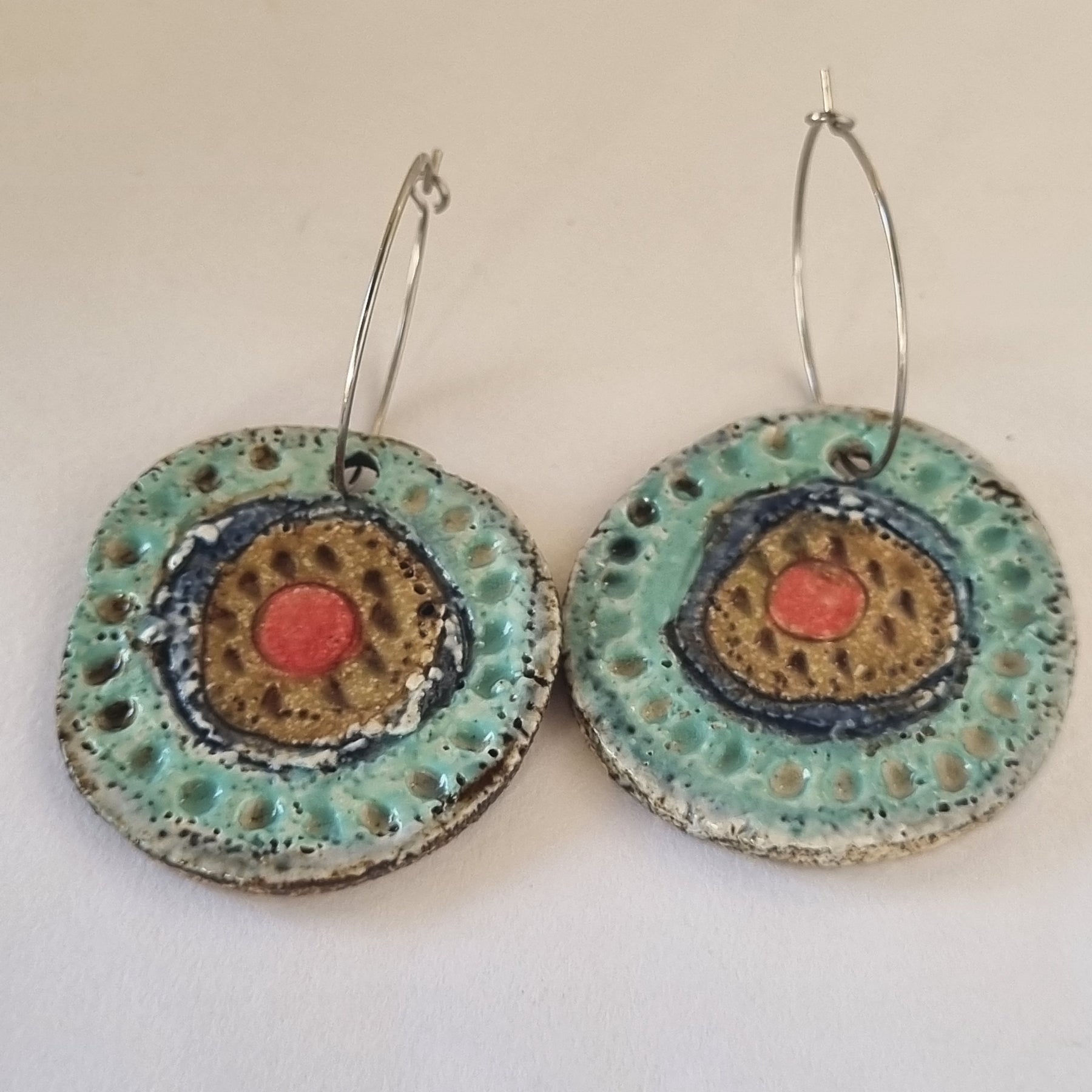 Handmade Stoneware Ceramic Earrings, turquoise-blue-mustard-coral multi-coloured, 35mm diameter, pierced ears