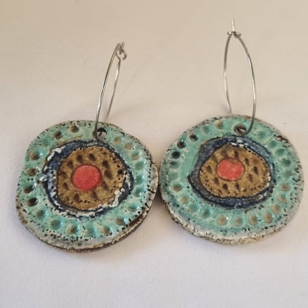 Handmade Stoneware Ceramic Earrings, turquoise-blue-mustard-coral multi-coloured, 35mm diameter, pierced ears