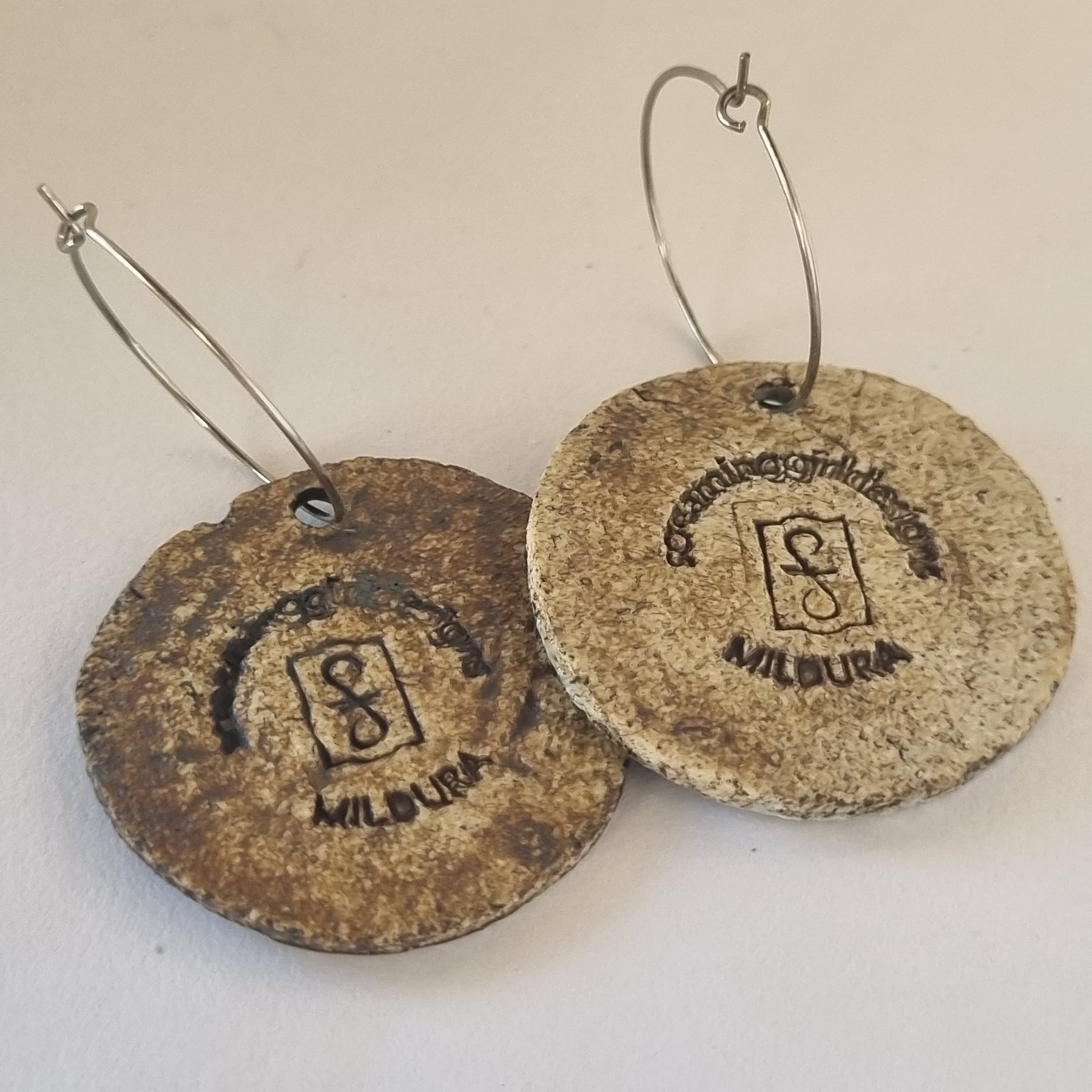 Handmade Stoneware Ceramic Earrings, turquoise-blue-mustard-coral multi-coloured, 35mm diameter, pierced ears