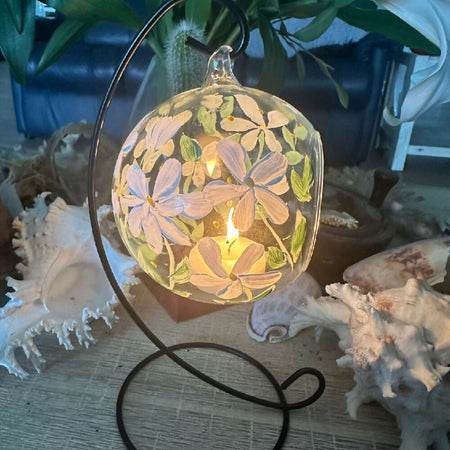 Glass Hanging Candle Holder Painted With White Daisy