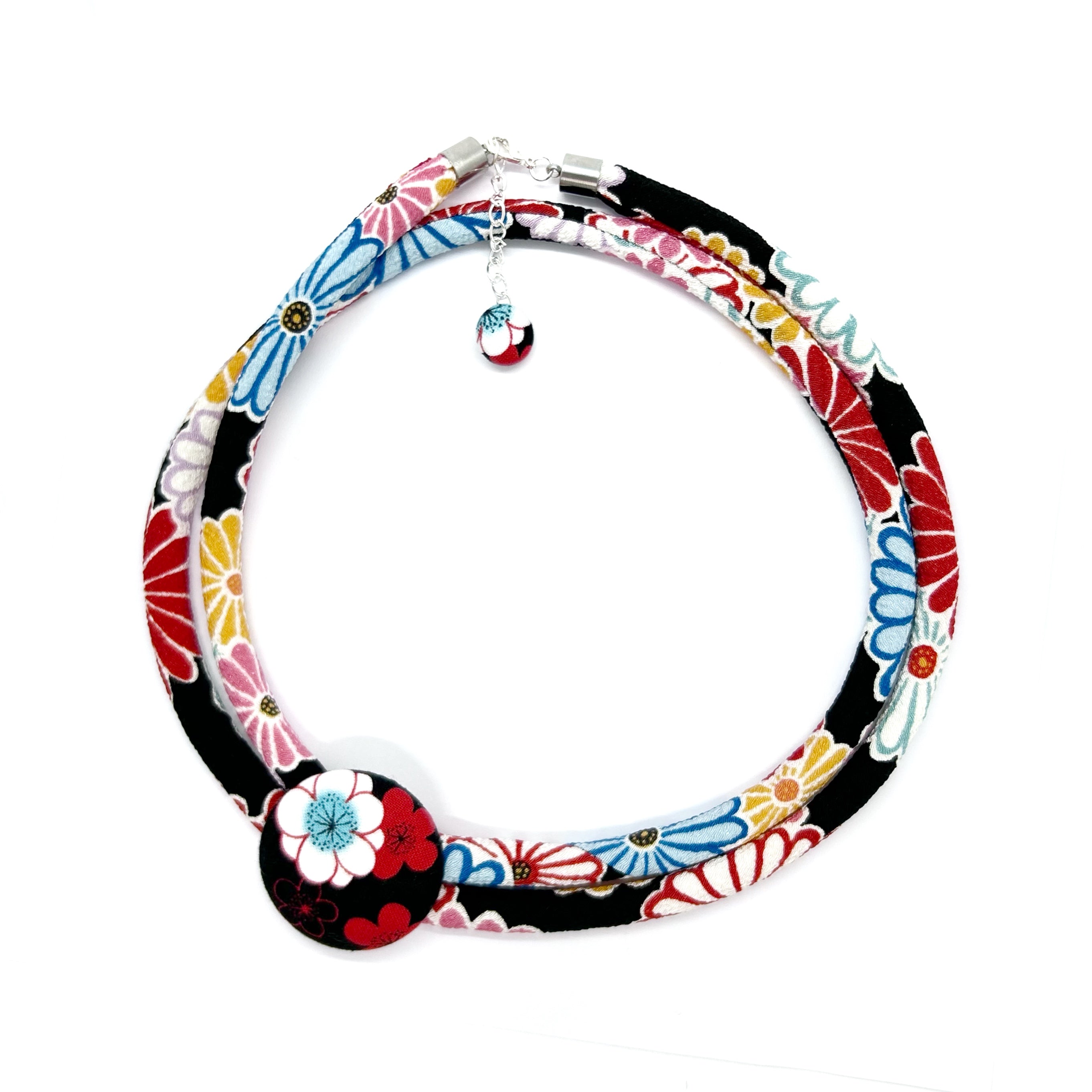 Kimono Cord Necklace - Aqua and Red