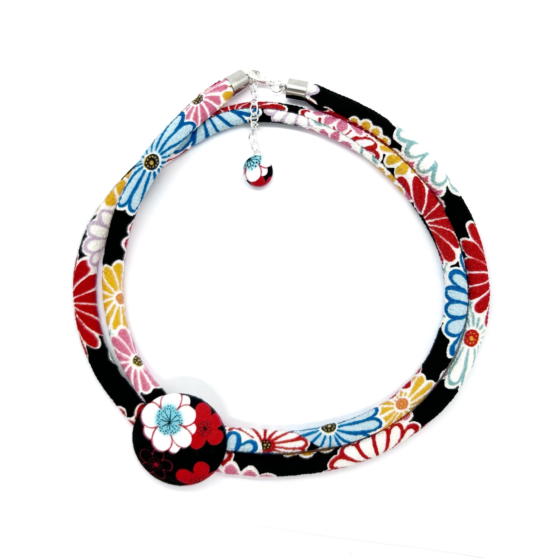 Kimono Cord Necklace - Aqua and Red