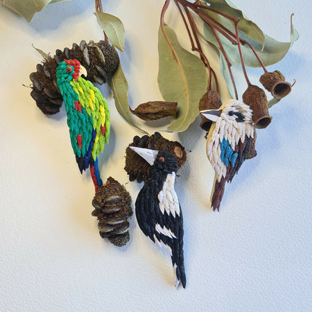 Aussie Bird Brooches (kookaburra, magpie, swift parrot)