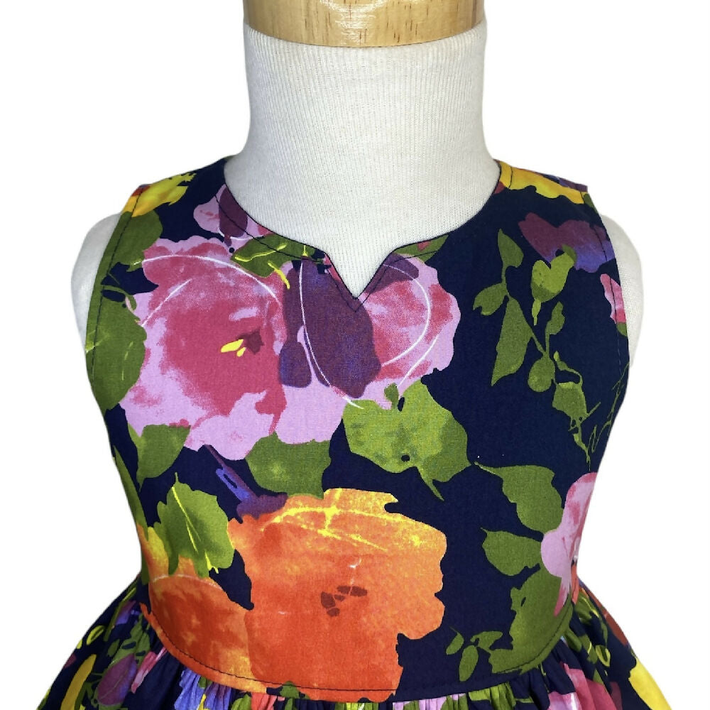 Bright Painted Flowers on Navy Tea Party Dress