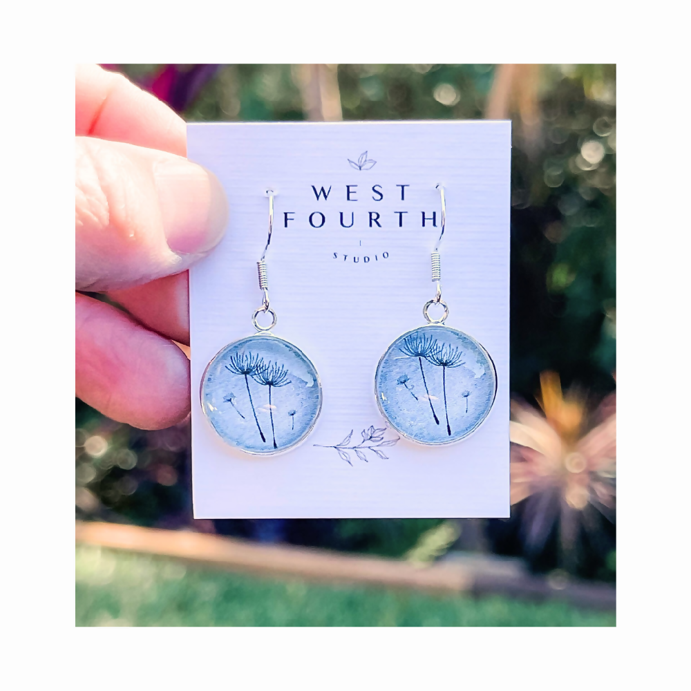 Blue Dandelion Flower Earrings