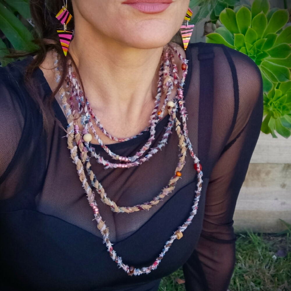 Extra Long Boho Necklace - upcycled fabric & beads - earthy