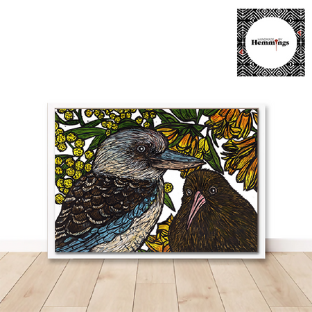 Kiwi and Kookaburra Linoprint and Watercolour