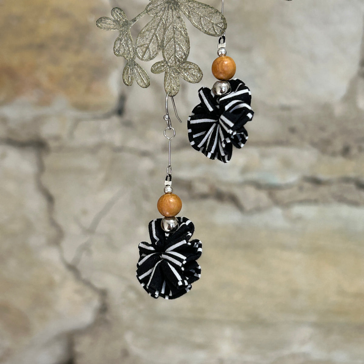 Earrings Black White Textile Wooden Beads - EBW-114