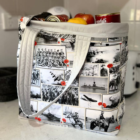 Grocery tote .. Lined with storage pouch .. Heroes