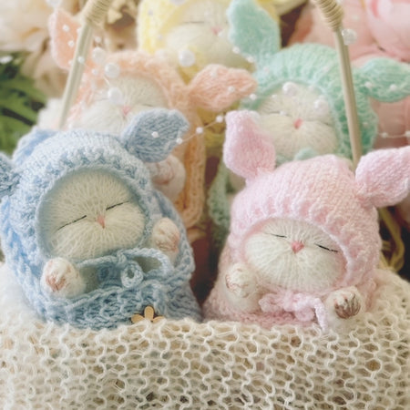 Handmade White Sleeping Kitty in The Bunny Beanie and Blanket