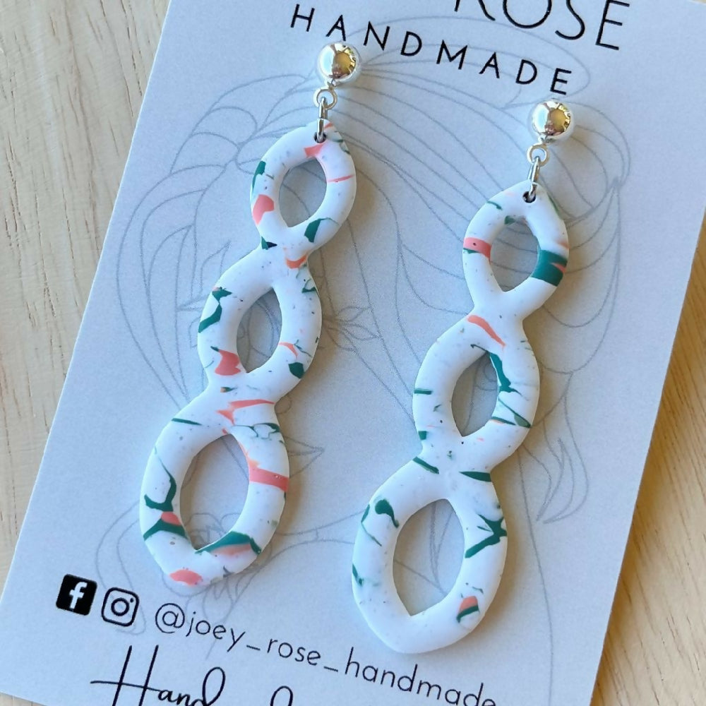 HANNAH ~ Green & Peach Marbled Print ~ Polymer Clay Earrings