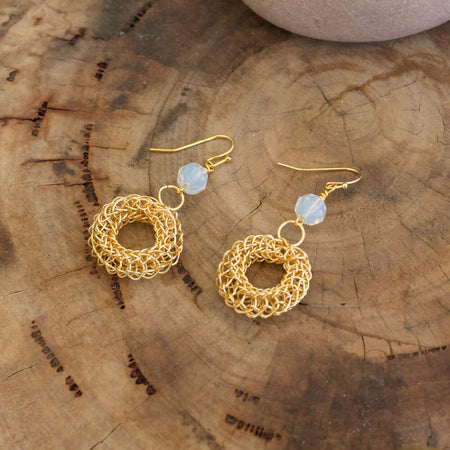 Gold Wire Knitted Opalite Earrings