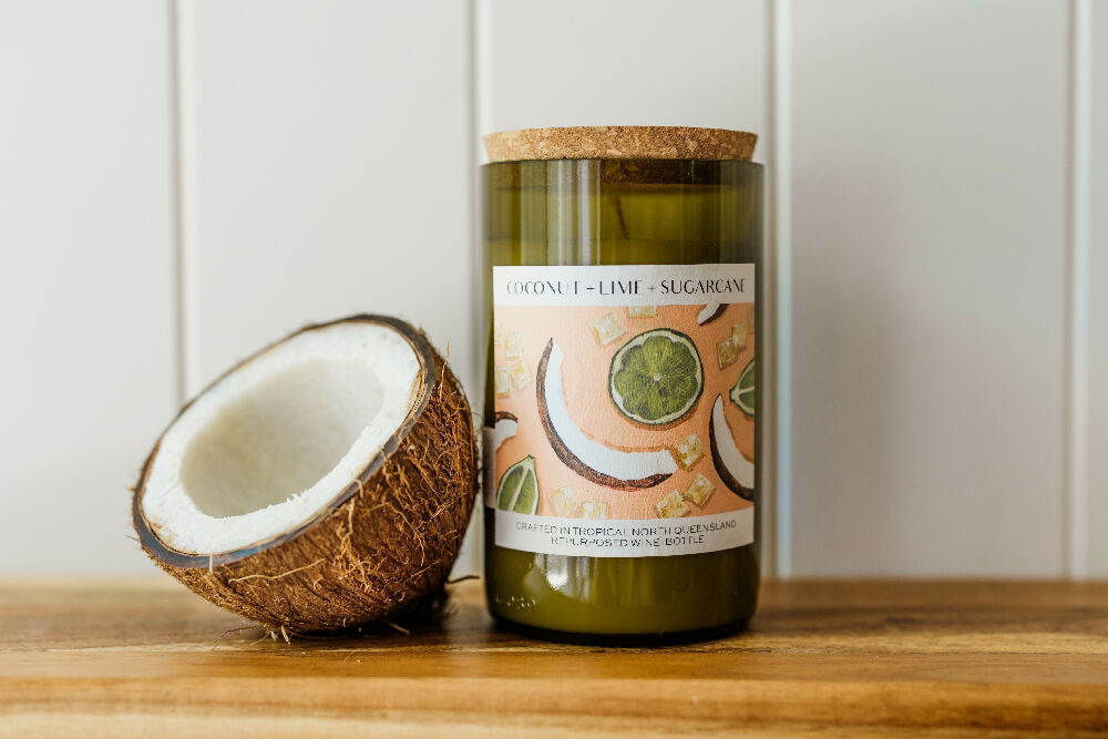 Coconut + Lime + Sugarcane Wine bottle candle