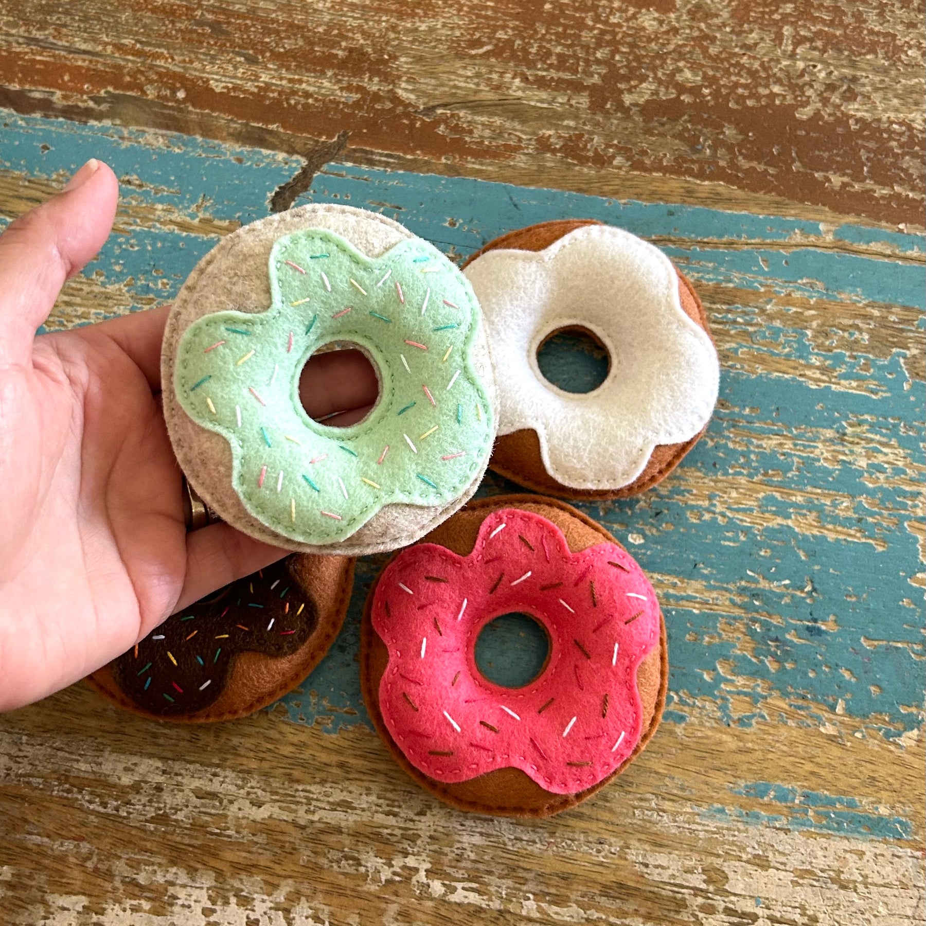 Set of 4 donuts, watermelon, ready to post, play food, play kitchen, felt food