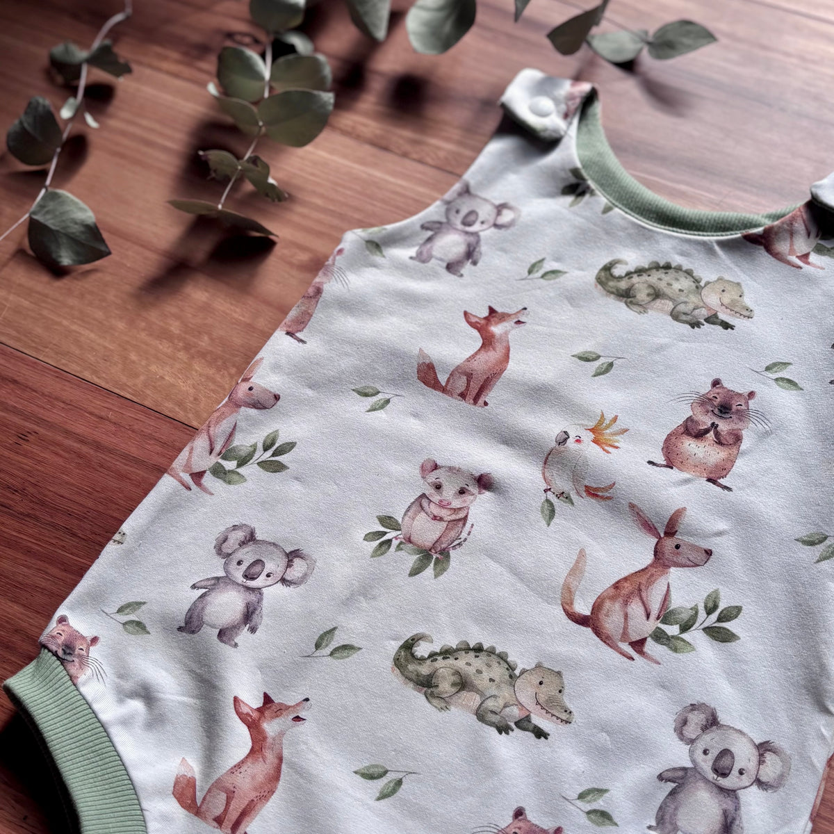 Baby Summer Romper | Green Australian Animals | Size newborn to 2 | Made to Order