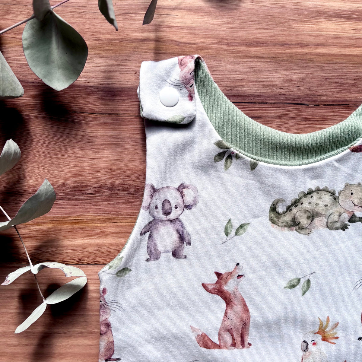 Baby Summer Romper | Green Australian Animals | Size newborn to 2 | Made to Order