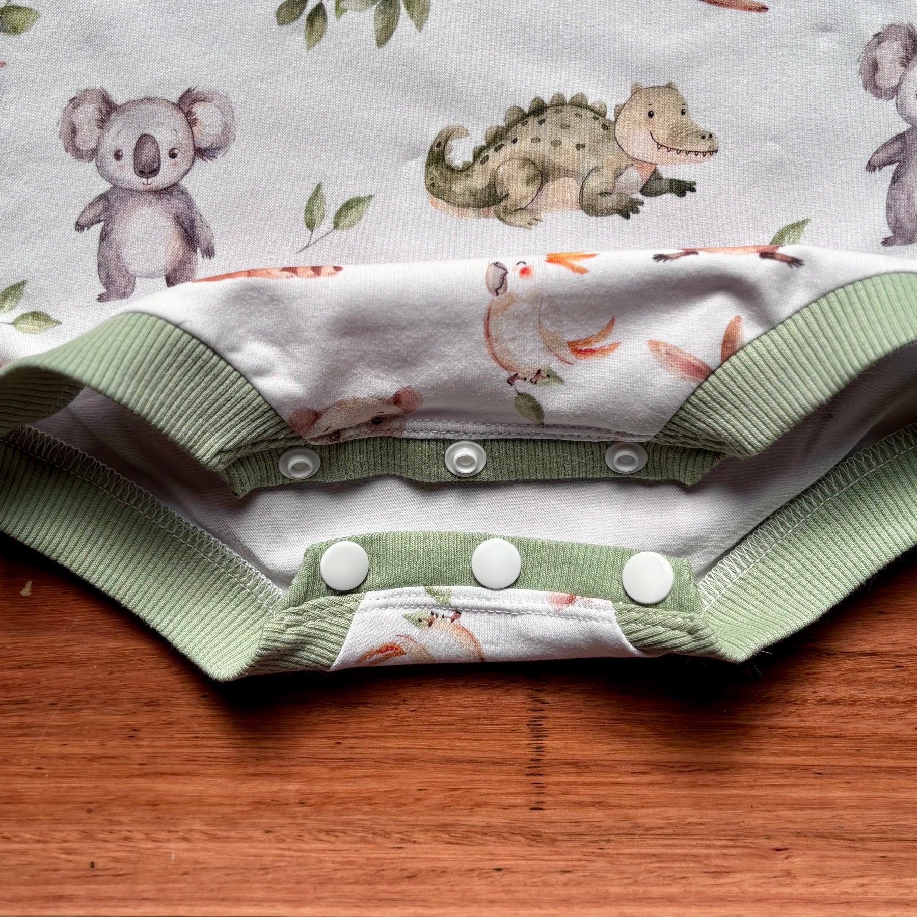 Baby Summer Romper | Green Australian Animals | Size newborn to 2 | Made to Order