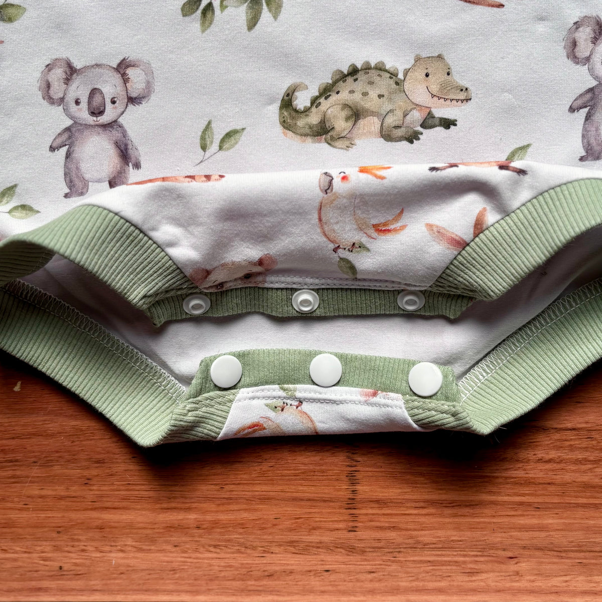 Baby Summer Romper | Green Australian Animals | Size newborn to 2 | Made to Order