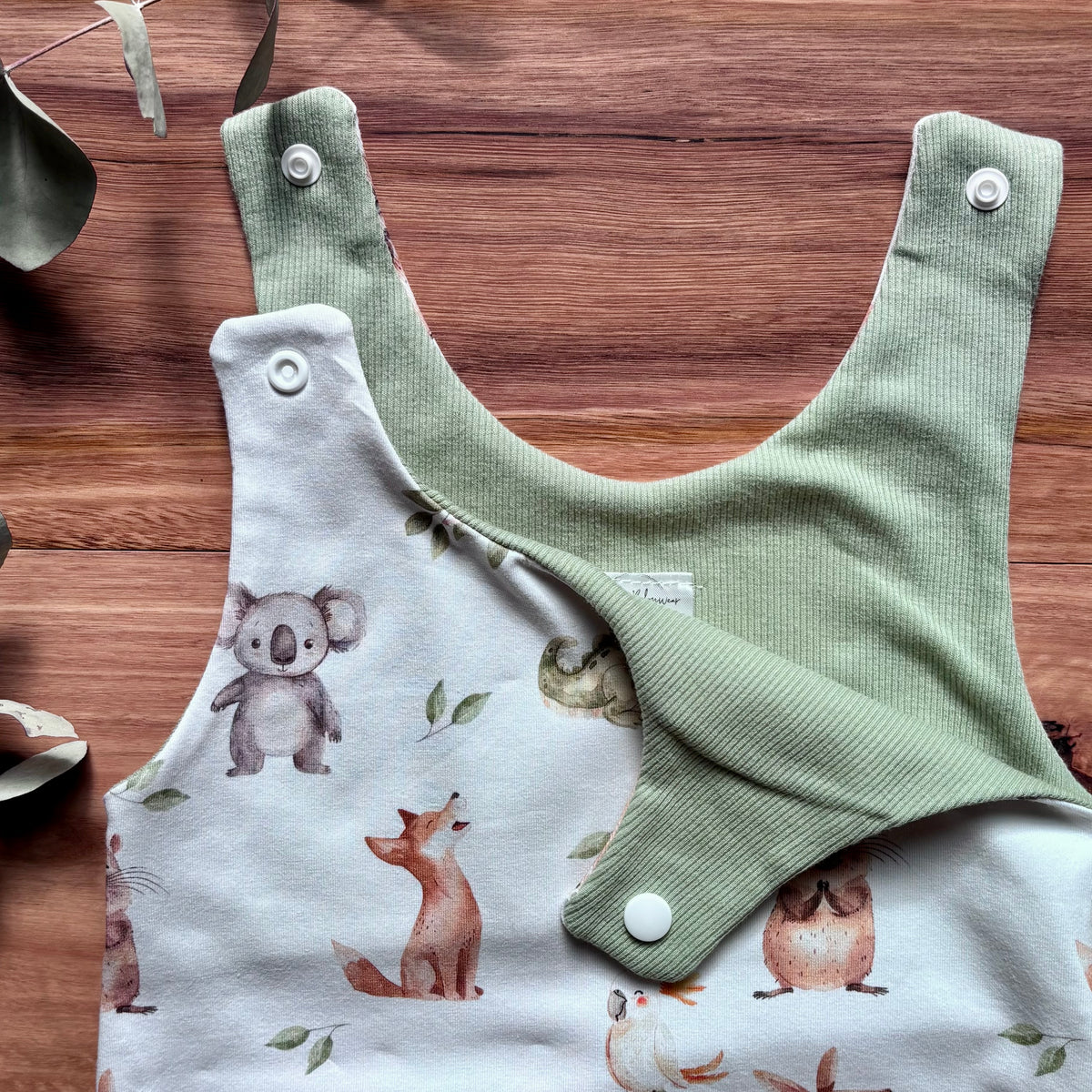 Baby Summer Romper | Green Australian Animals | Size newborn to 2 | Made to Order