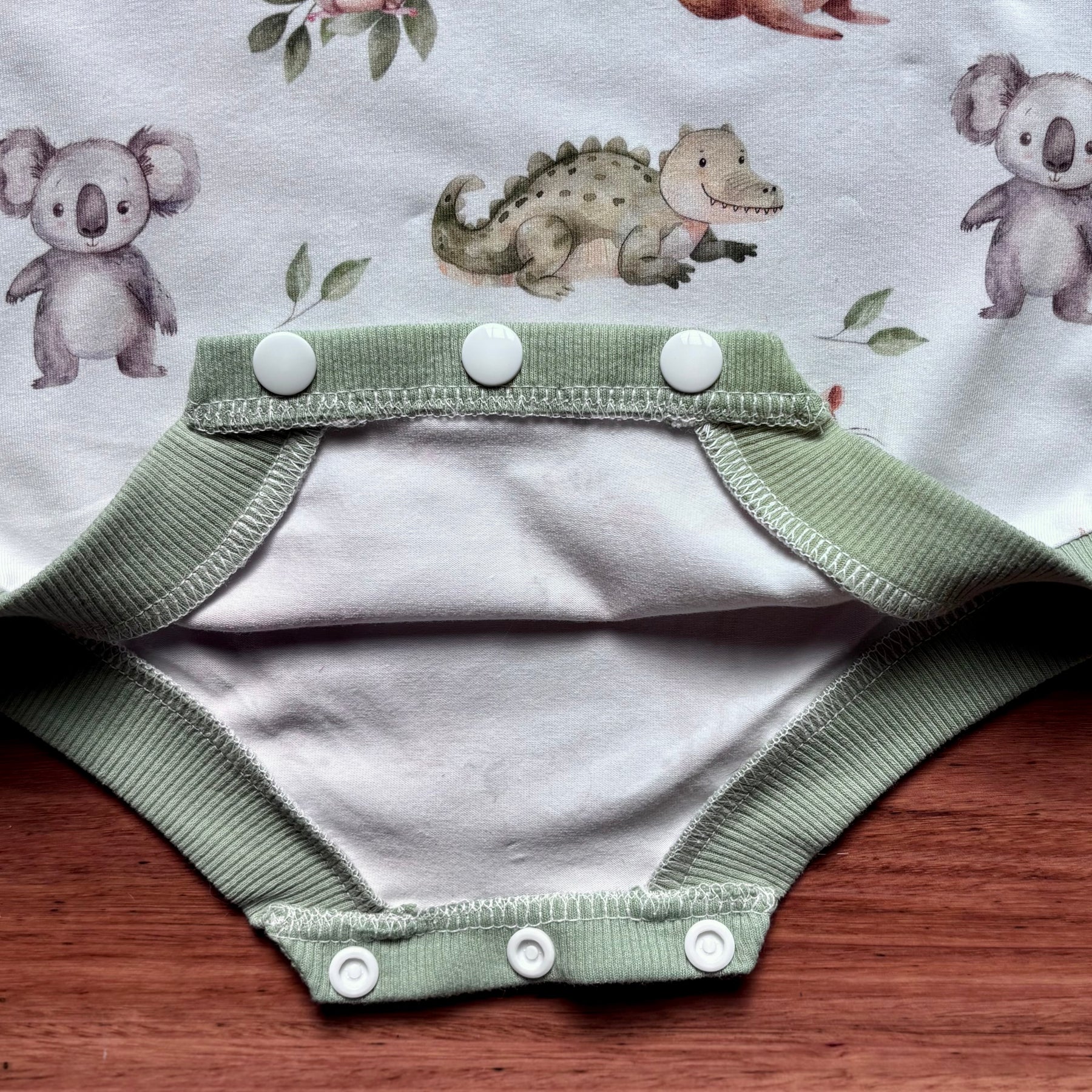 Baby Summer Romper | Green Australian Animals | Size newborn to 2 | Made to Order