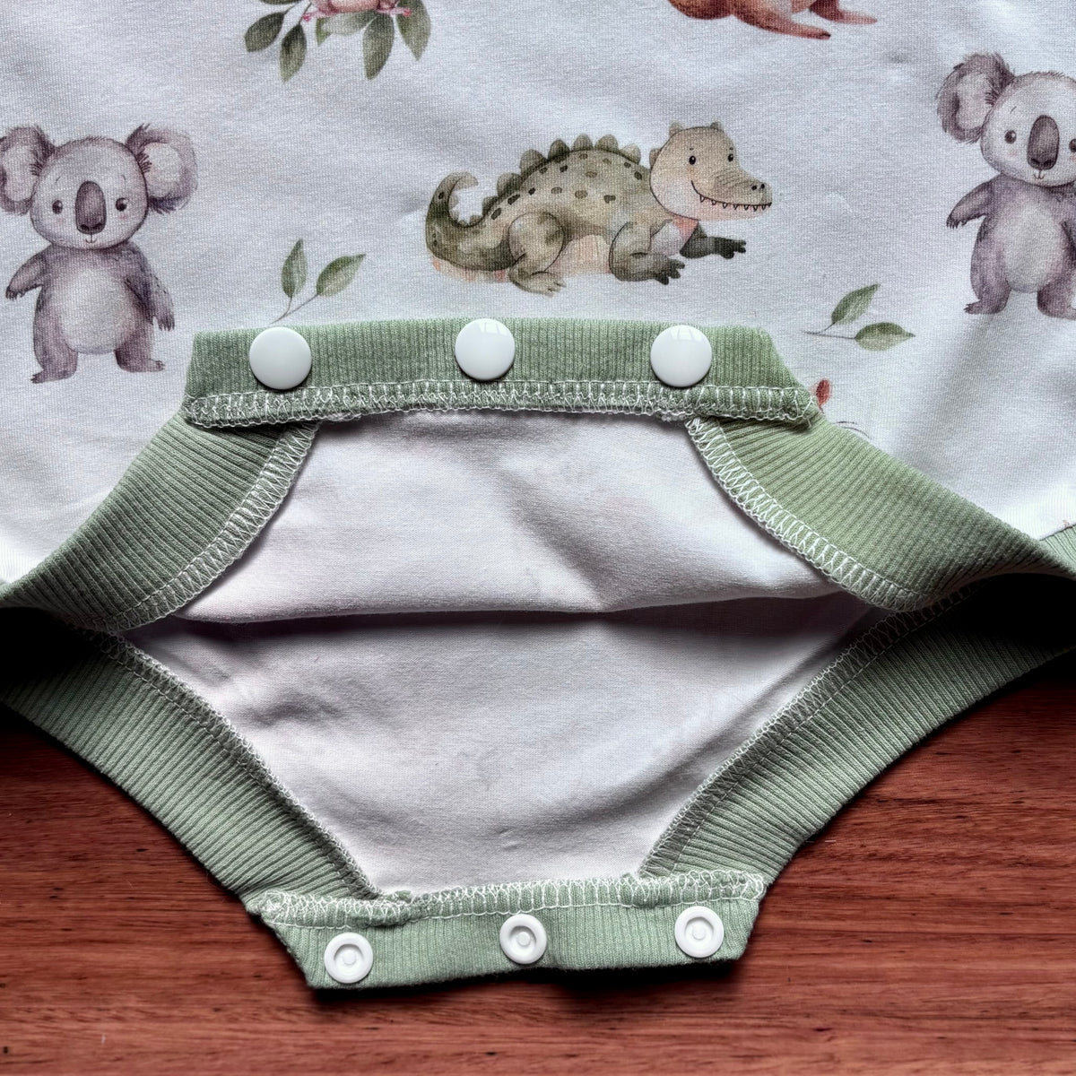 Baby Summer Romper | Green Australian Animals | Size newborn to 2 | Made to Order