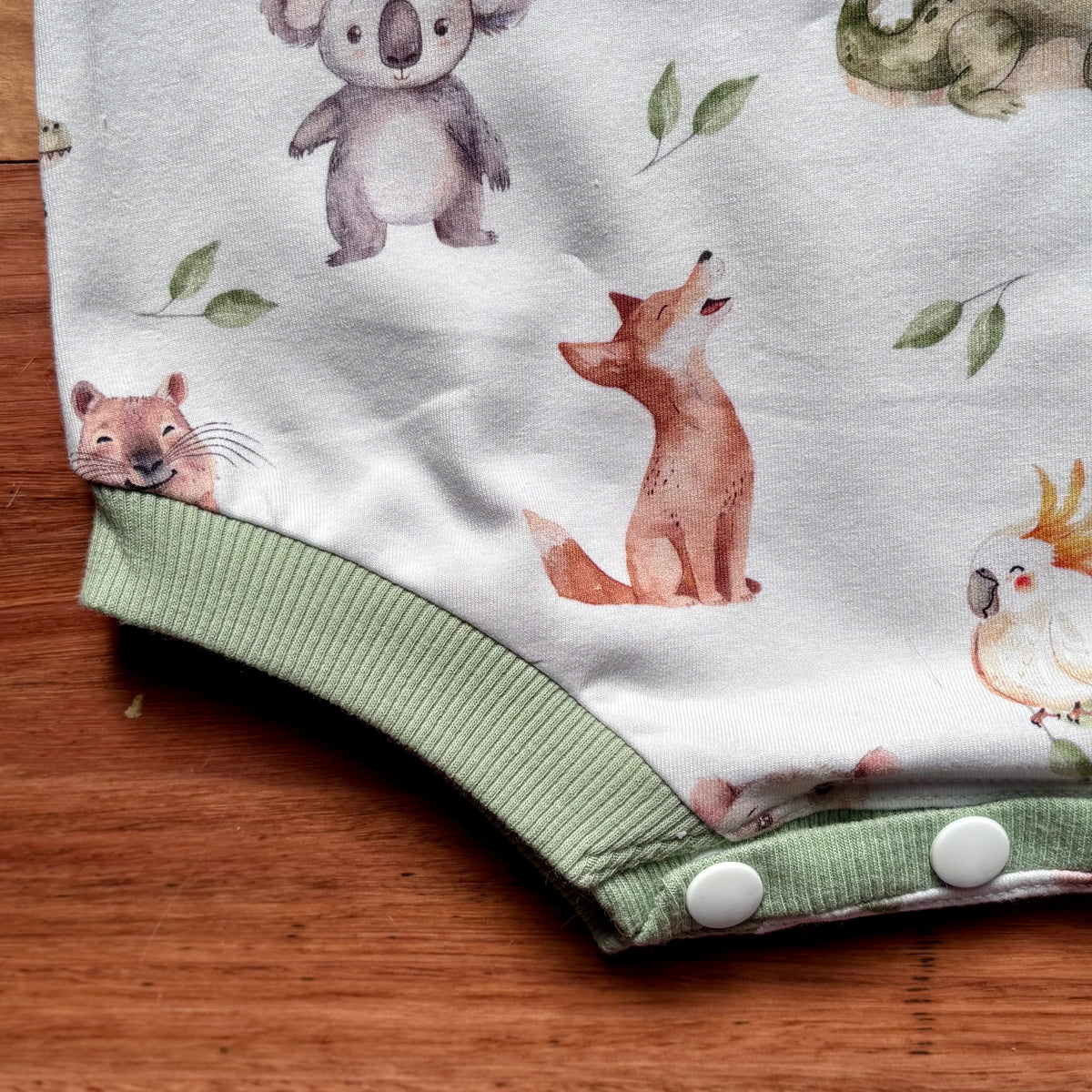 Baby Summer Romper | Green Australian Animals | Size newborn to 2 | Made to Order
