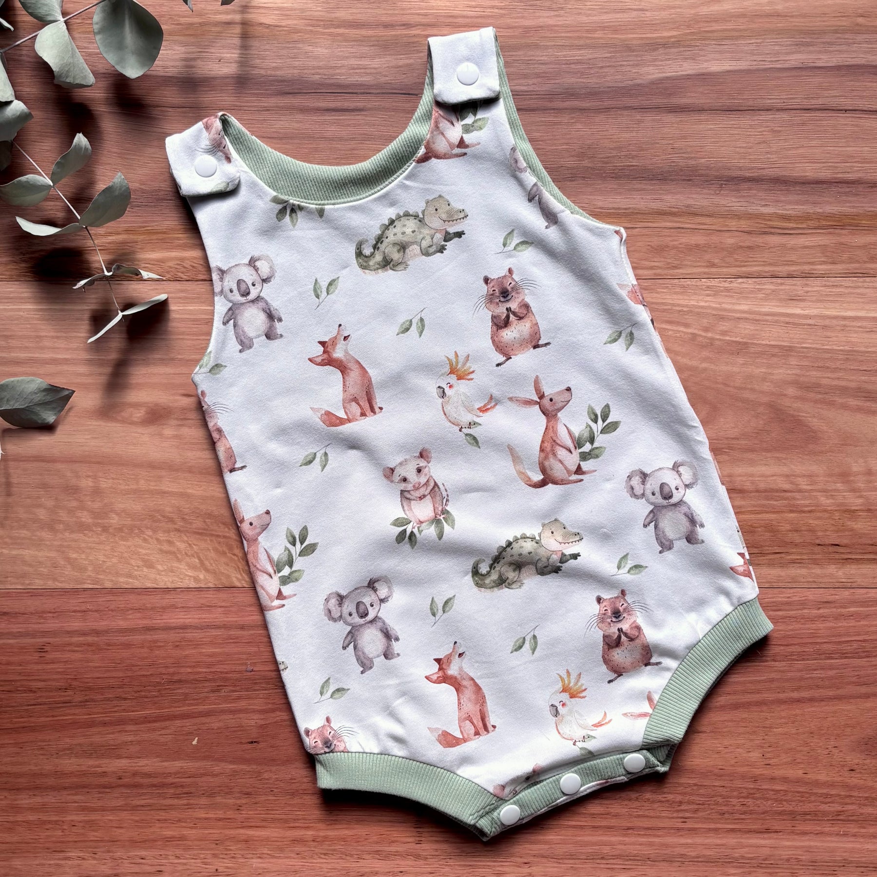 Baby Summer Romper | Green Australian Animals | Size newborn to 2 | Made to Order