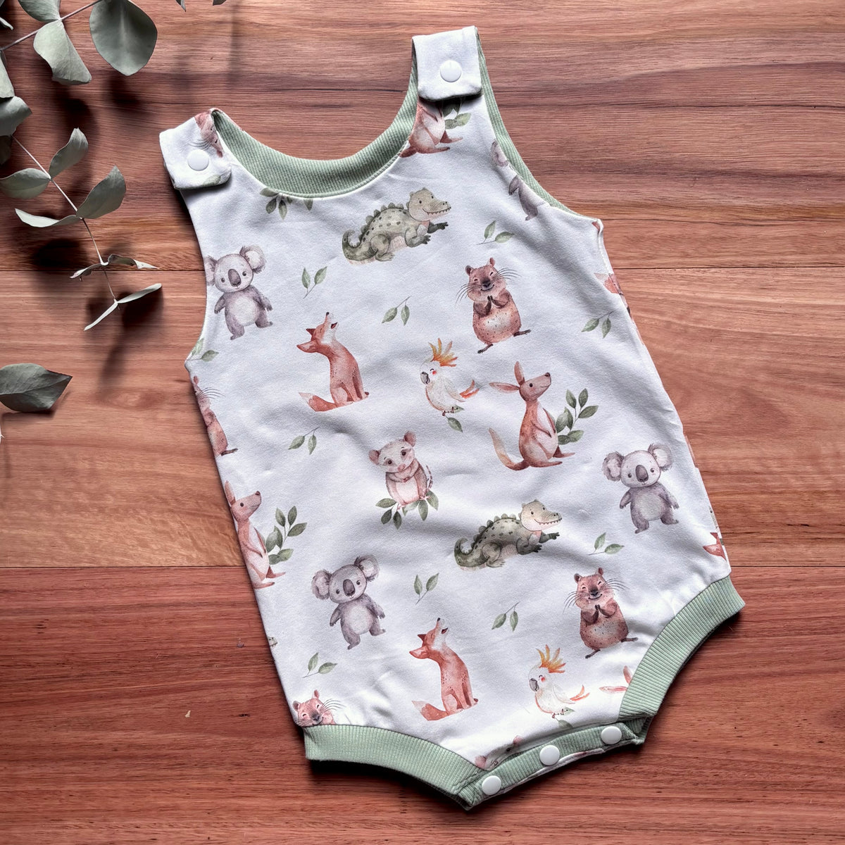 Baby Summer Romper | Green Australian Animals | Size newborn to 2 | Made to Order