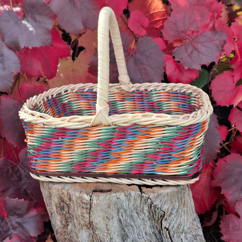 Large Rectangular orange green blue red and natural basket.