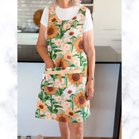 Sunflowers Japanese style cross back kitchen apron. Crafting, gardening, no ties apron.