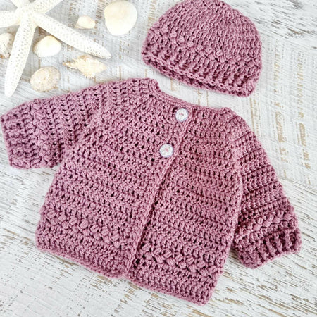 Baby Cardigan | Newborn | Dusty Pink/Grape | Handmade | Crocheted Jacket & Beanie