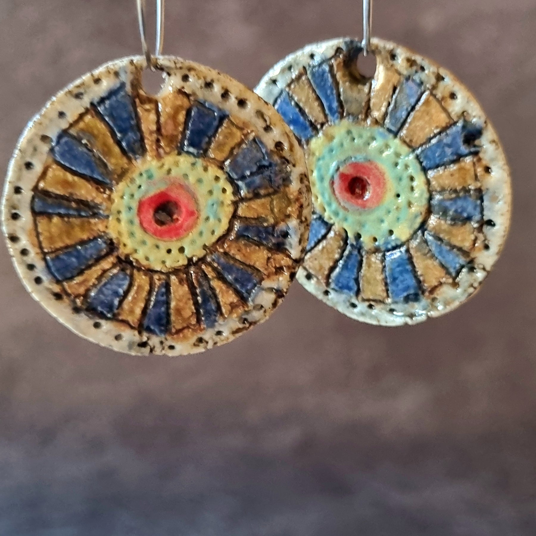 Handmade Stoneware Ceramic Earrings,green-blue-mustard-red multi-coloured, 35mm diameter, pierced ears