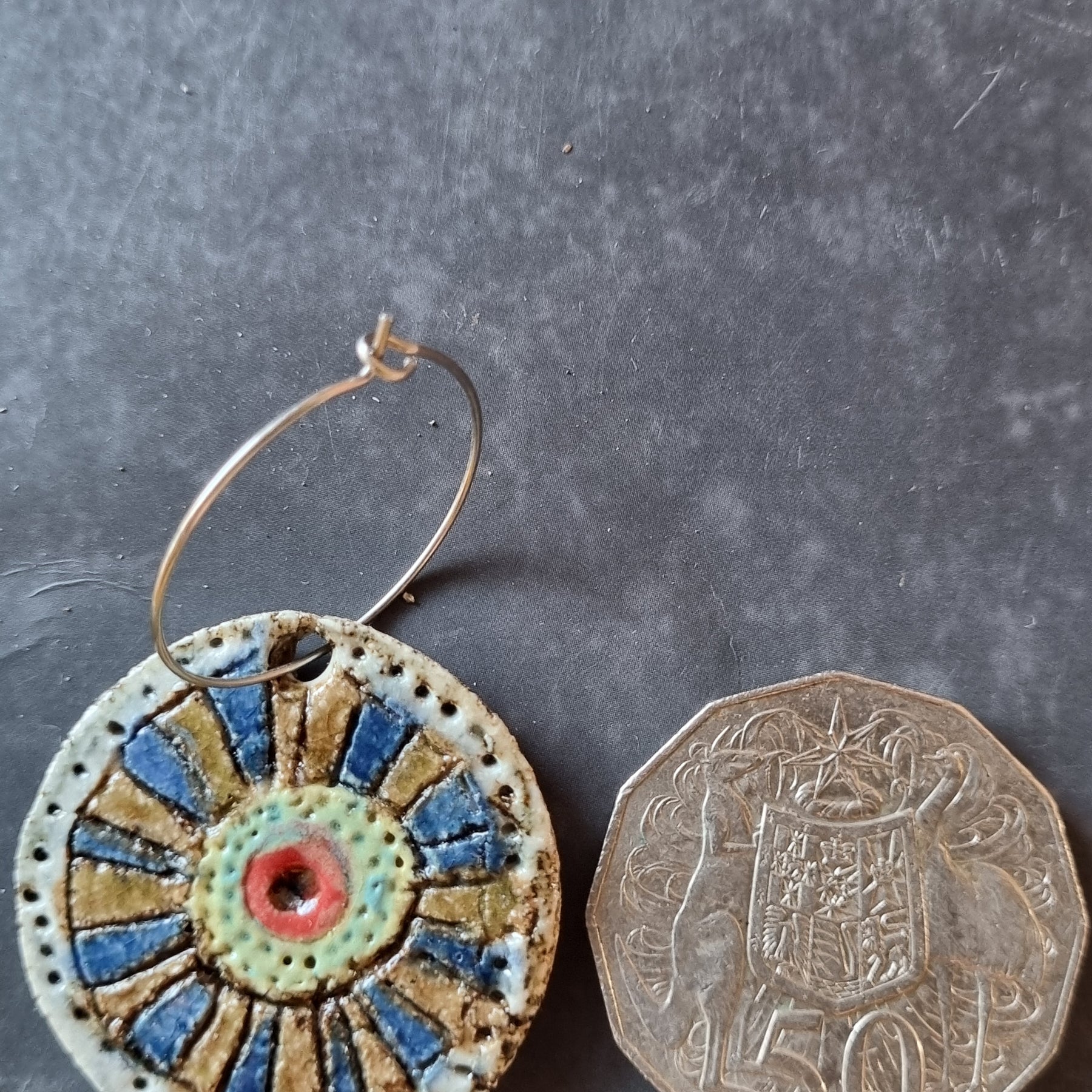 Handmade Stoneware Ceramic Earrings,green-blue-mustard-red multi-coloured, 35mm diameter, pierced ears