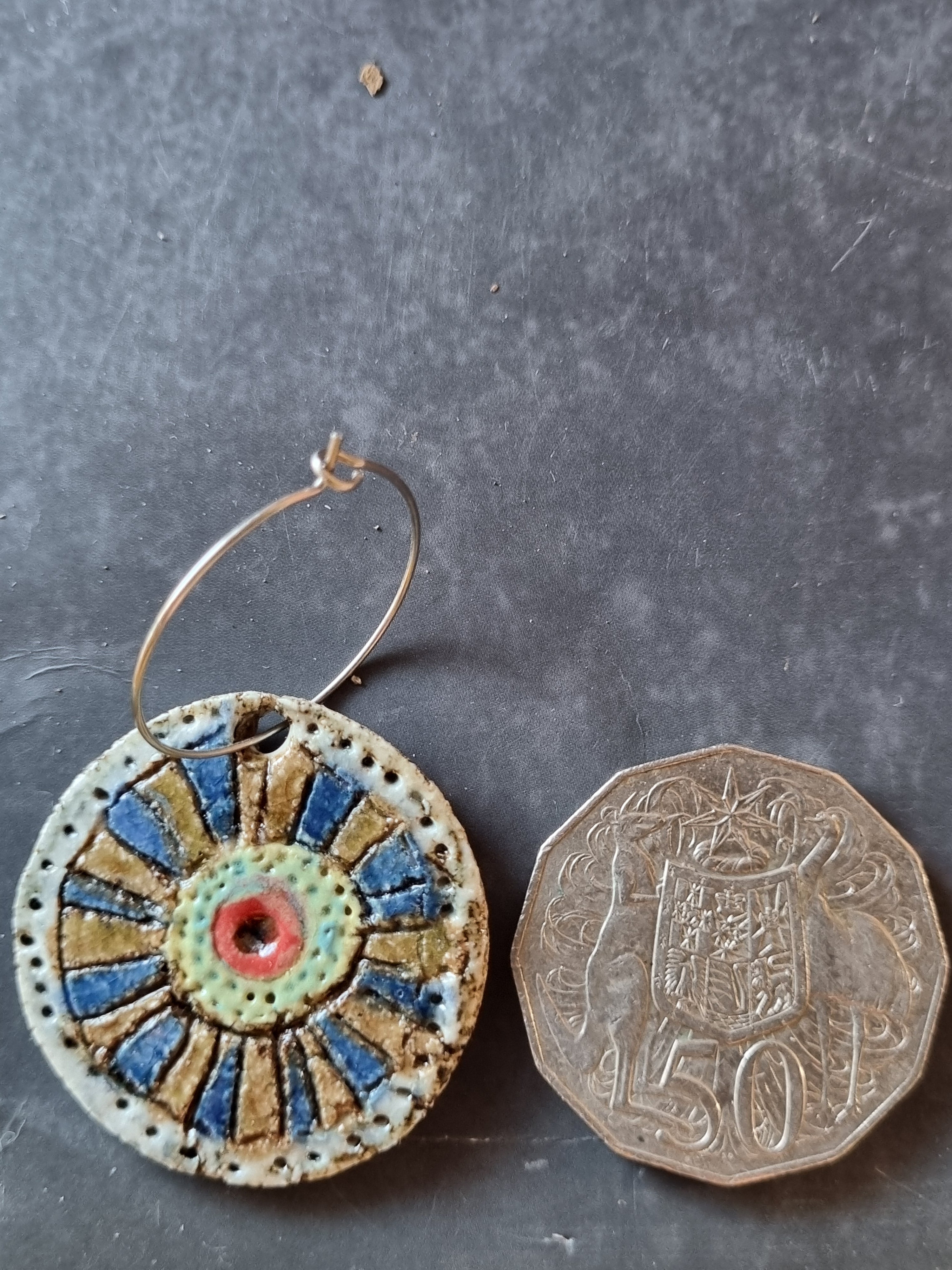 Handmade Stoneware Ceramic Earrings,green-blue-mustard-red multi-coloured, 35mm diameter, pierced ears