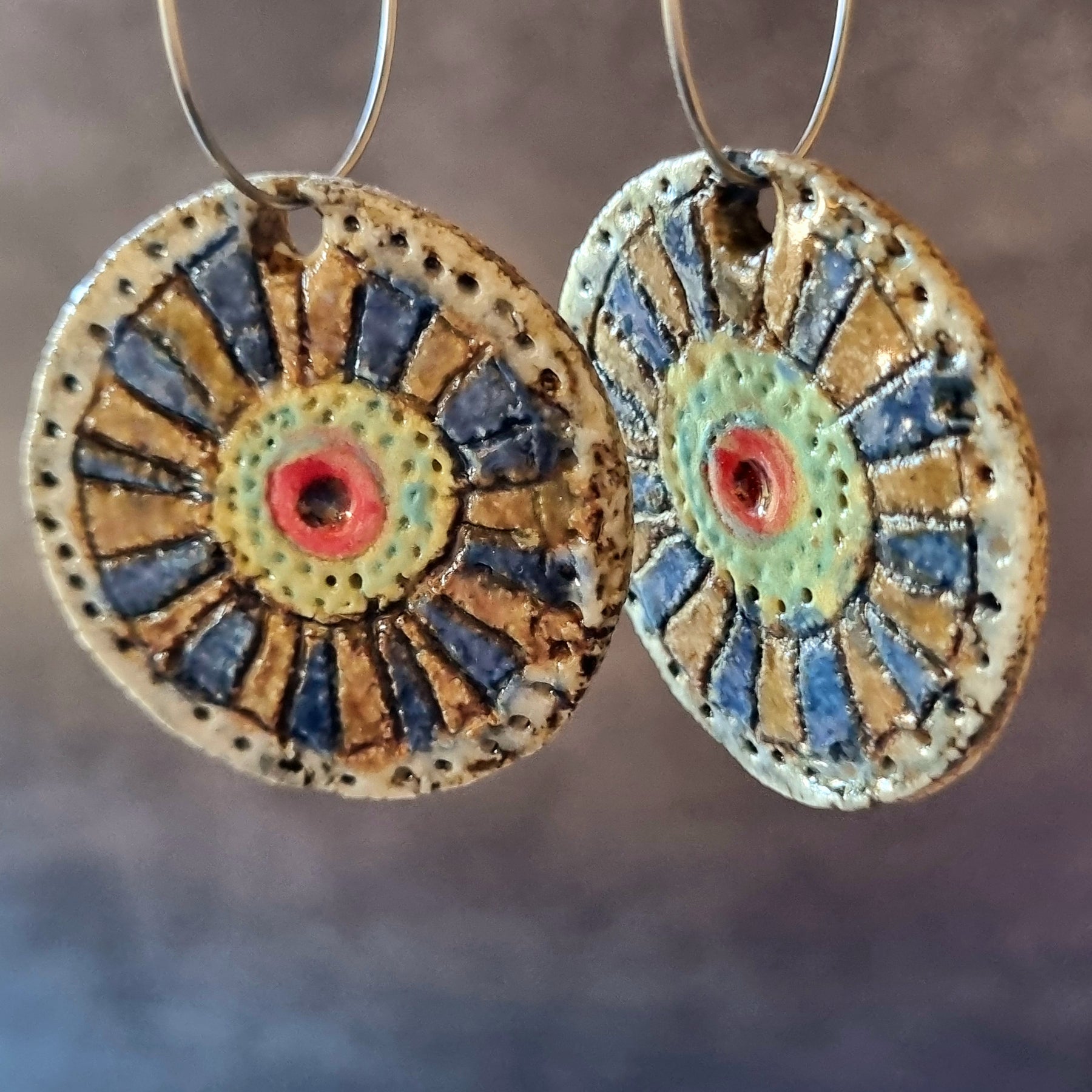 Handmade Stoneware Ceramic Earrings,green-blue-mustard-red multi-coloured, 35mm diameter, pierced ears