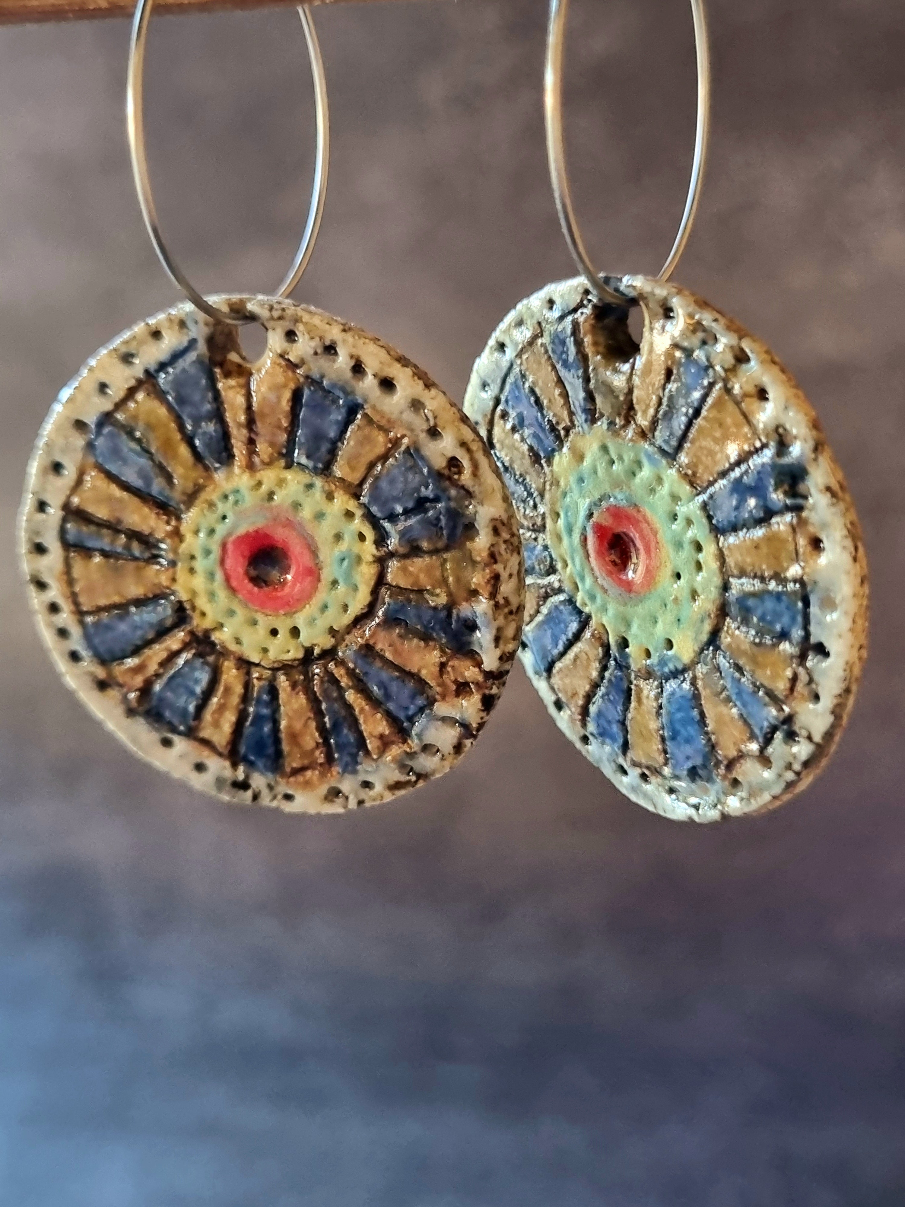 Handmade Stoneware Ceramic Earrings,green-blue-mustard-red multi-coloured, 35mm diameter, pierced ears