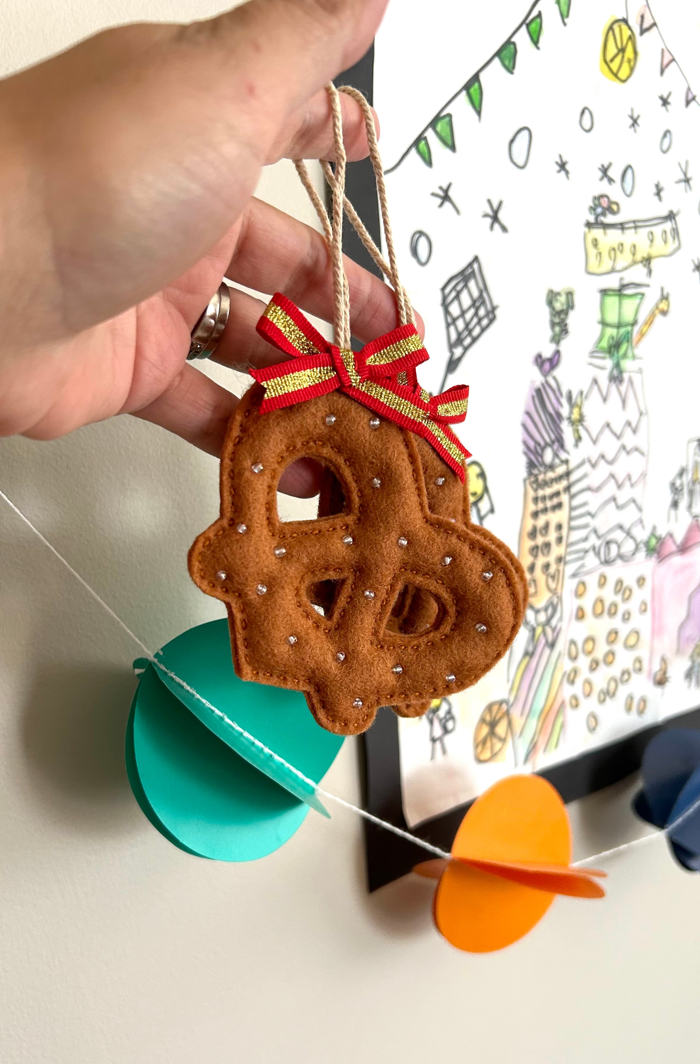 Felt Pretzel Christmas Tree Decoration, Beaded Salt & Festive Bow