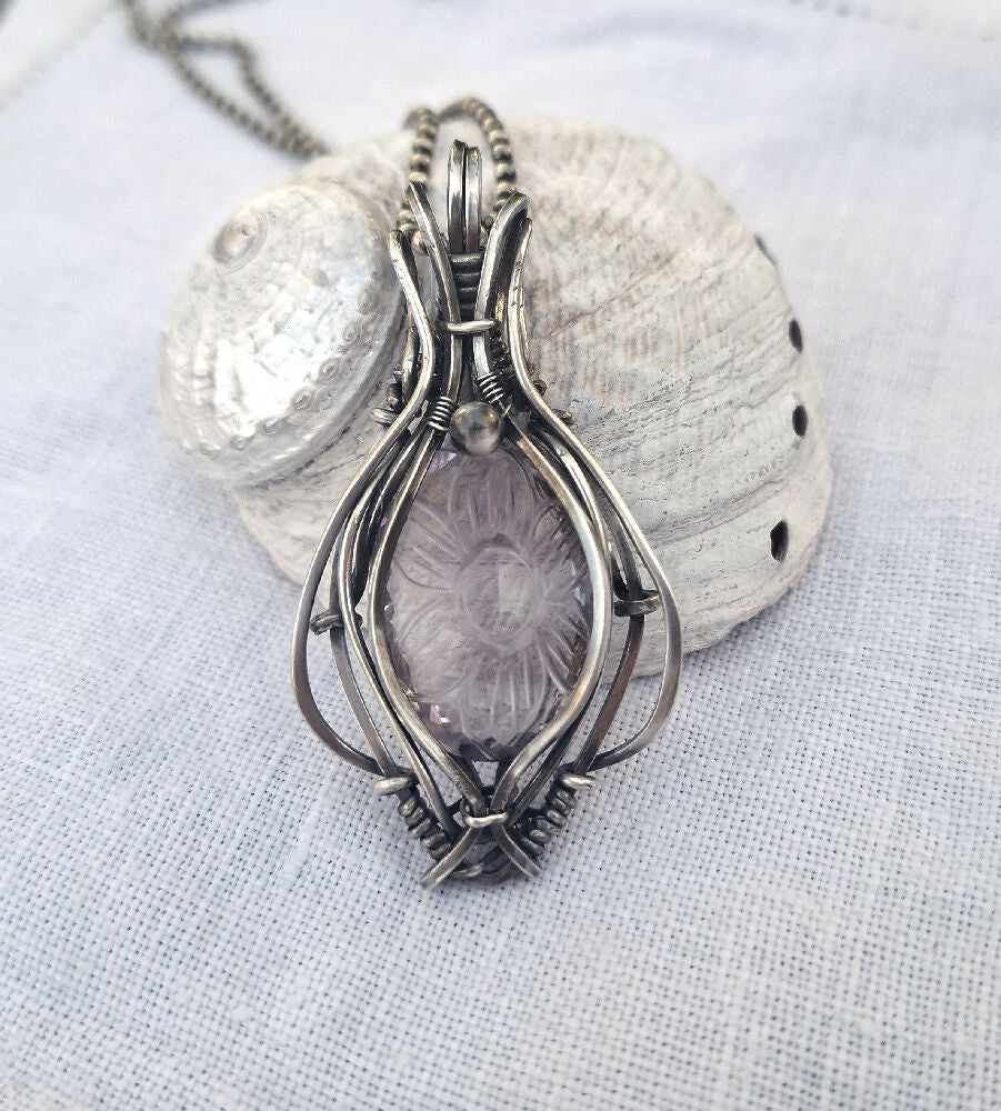 Intaglio carved Amethyst in Sterling Silver with SS chain