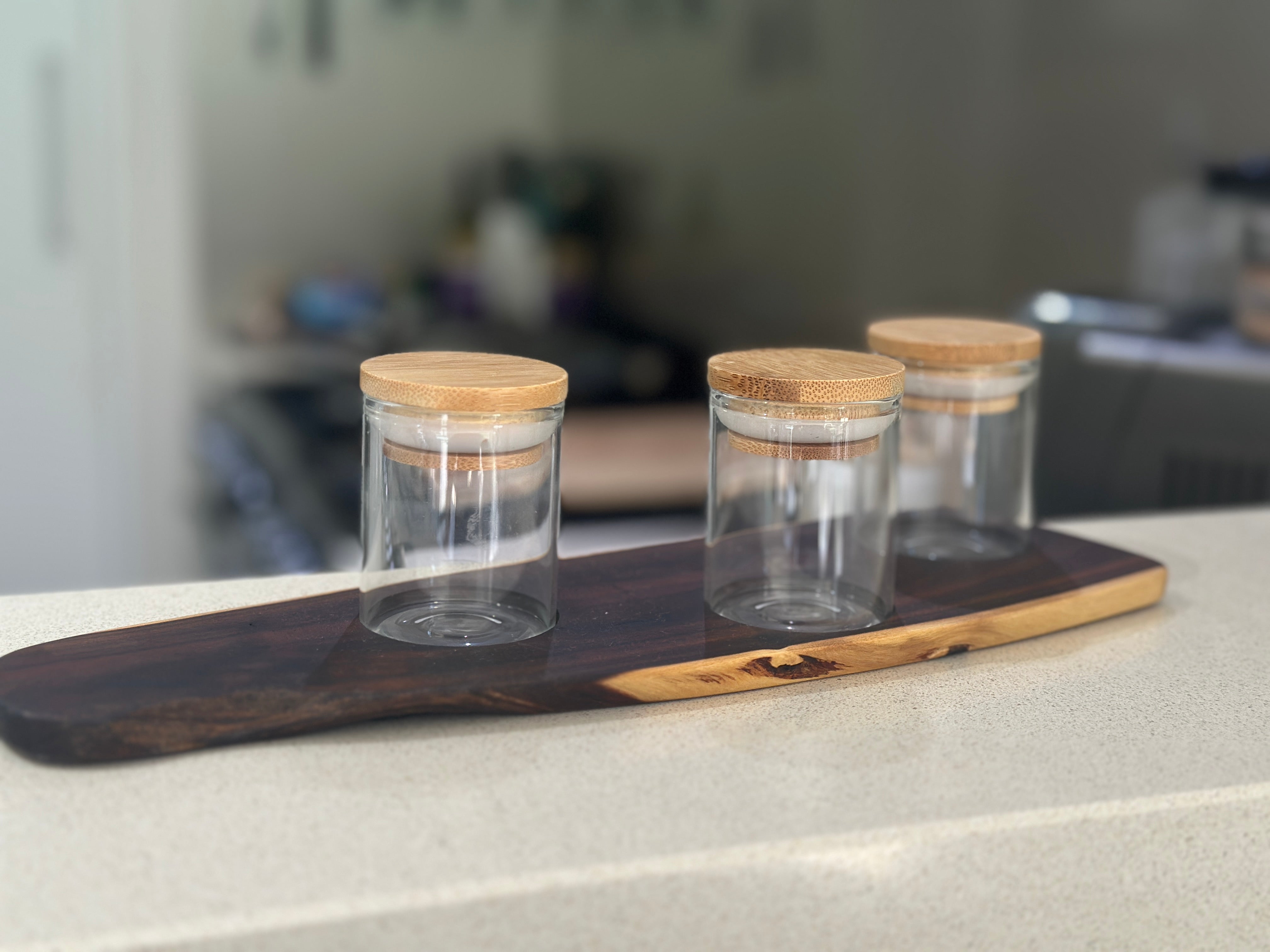 Tray with glass herb storage jars