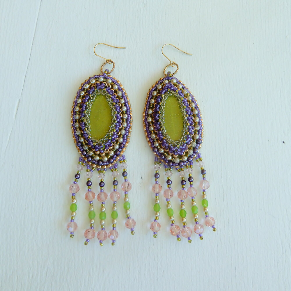 Lime and Pink Beaded Polymer Clay Earrings "Pink Lime"