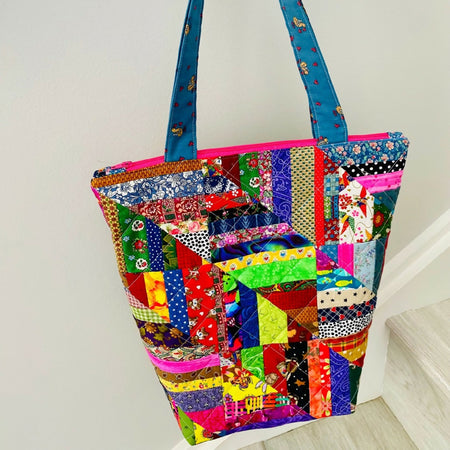 Half square triangles strip pieced patchwork tote bag