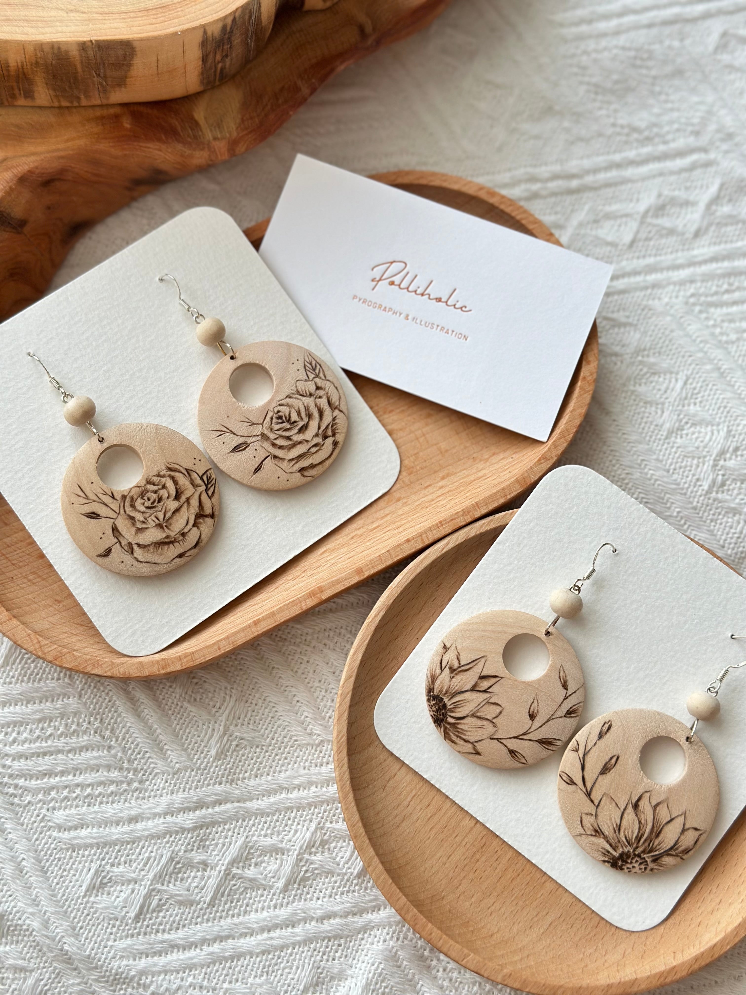 Flower Wood Earrings - Hand burnt Pyrography | Handmade Stunning Wooden Earrings HandBurnt