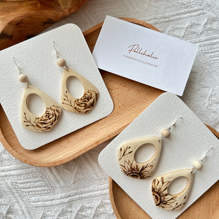 Flower Wood Earrings - Hand burnt Pyrography | Handmade Stunning Wooden Earrings HandBurnt