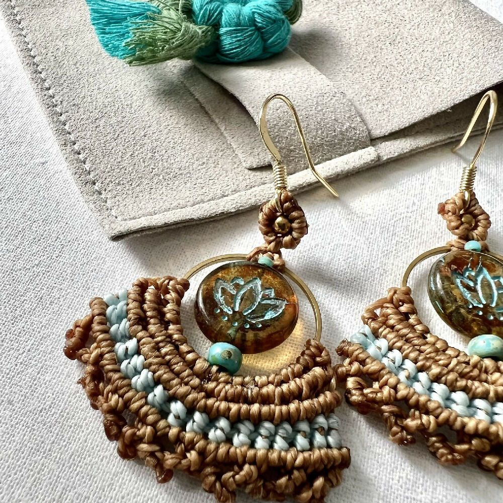 SOLD OUT- Lotus Micro Macrame Earrings Brown & Turquoise + Free Pouch