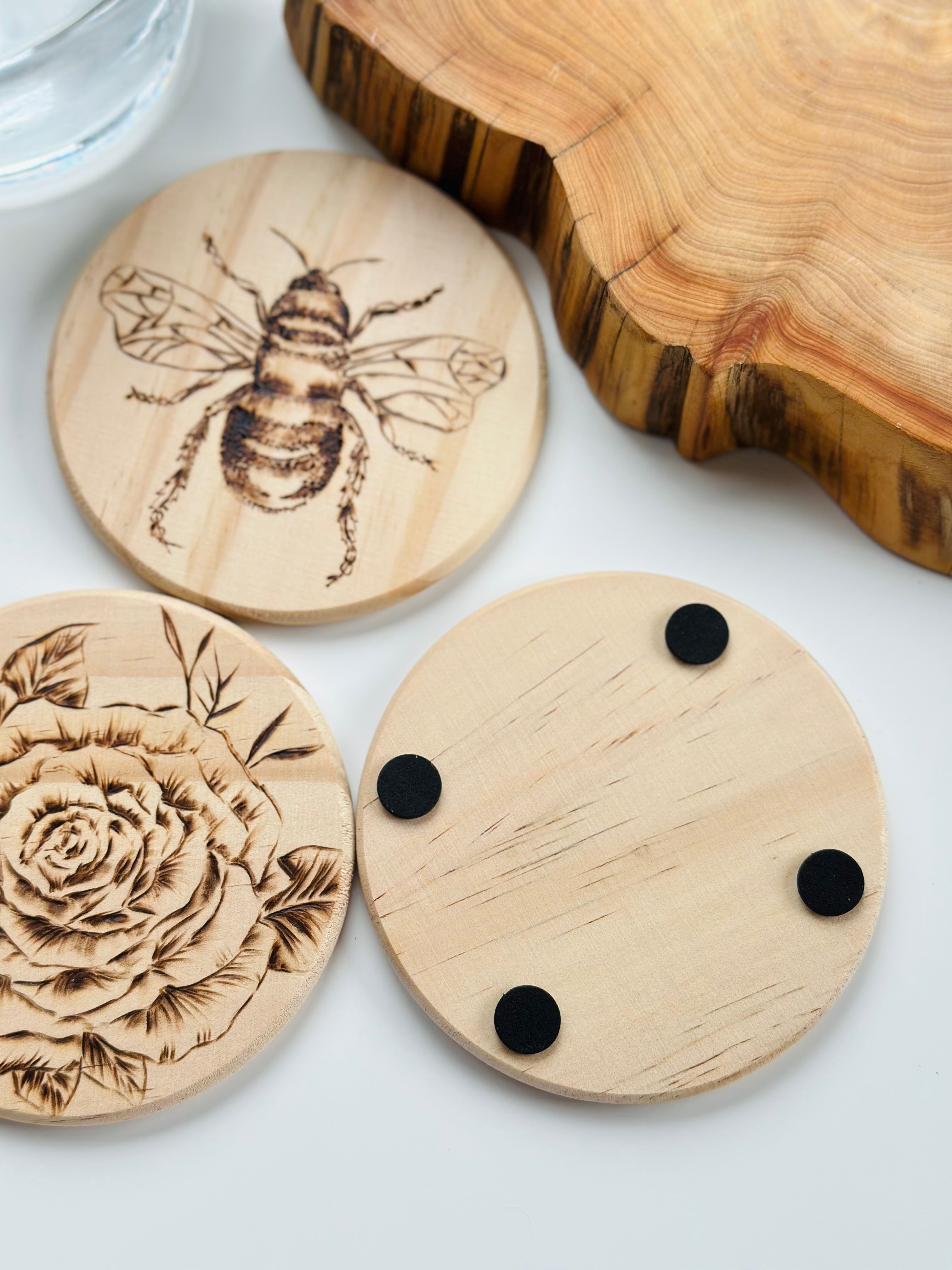 Pyrography Wood Coaster Honey Bee and Flower | Hand Burnt Stunning Coasters